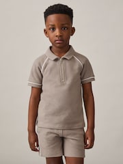 Reiss Mink Brown Lolland Cotton Textured Half Zip Polo Shirt - Image 3 of 4