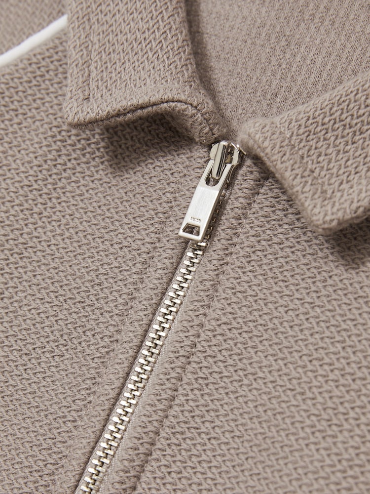 Reiss Mink Brown Lolland Cotton Textured Half Zip Polo Shirt - Image 4 of 4