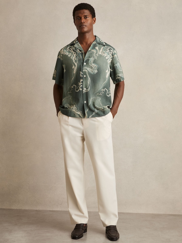 Reiss Sage Green Marble Print Cuban-Collar Shirt - Image 1 of 6