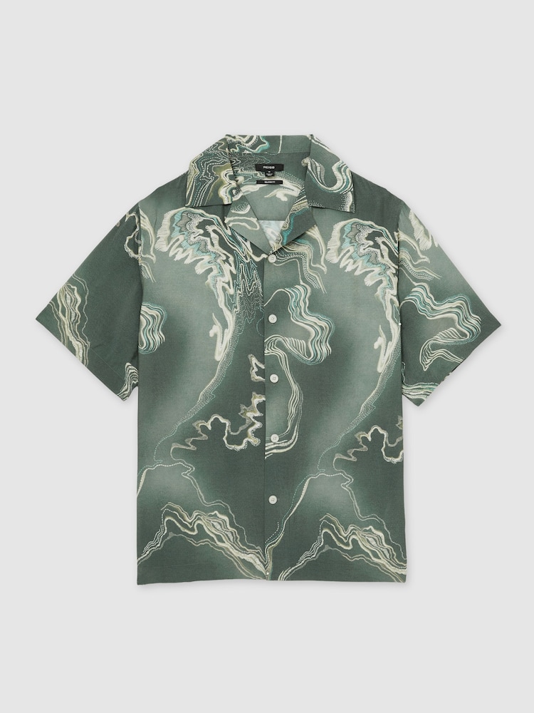 Reiss Sage Green Marble Print Cuban-Collar Shirt - Image 2 of 6