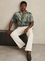 Reiss Sage Green Marble Print Cuban-Collar Shirt - Image 3 of 6