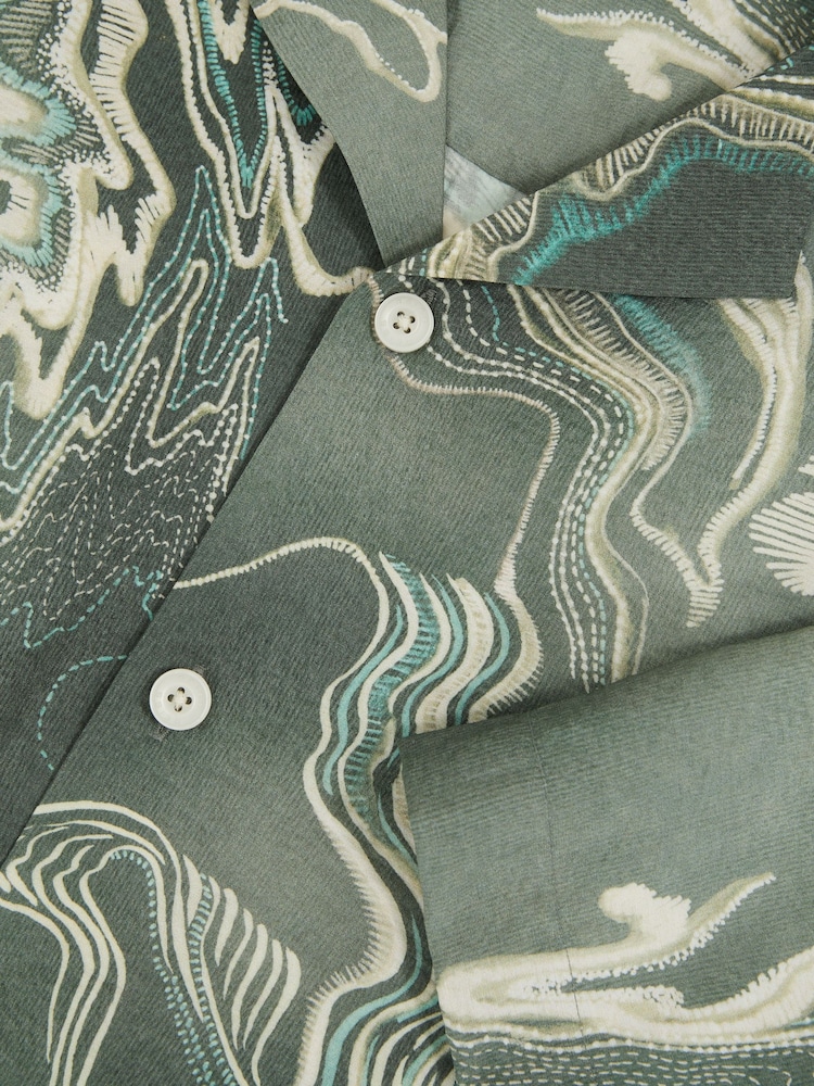 Reiss Sage Green Marble Print Cuban-Collar Shirt - Image 6 of 6