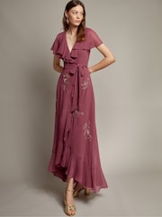 Monsoon Pink Ausha Floral Embellished Maxi Wrap Dress - Image 1 of 4