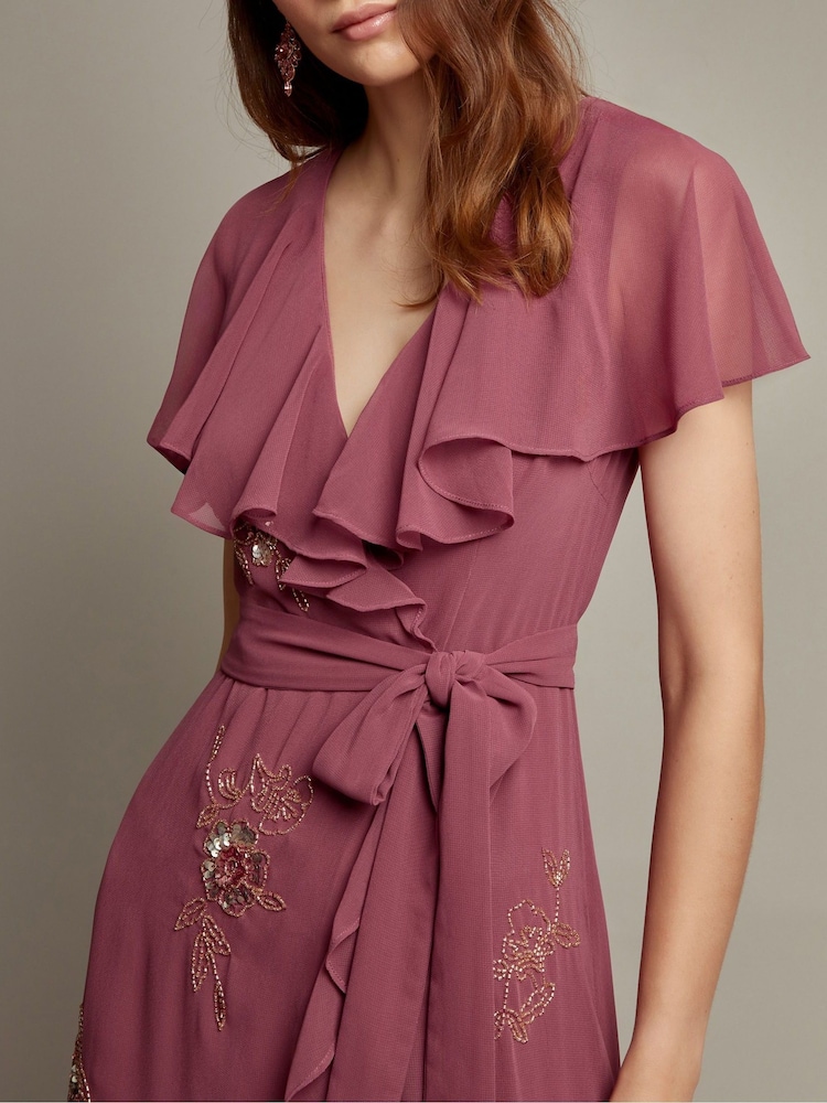 Monsoon Pink Ausha Floral Embellished Maxi Wrap Dress - Image 3 of 4