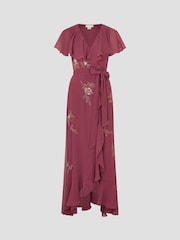 Monsoon Pink Ausha Floral Embellished Maxi Wrap Dress - Image 4 of 4