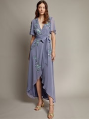 Monsoon Blue Sarah Floral Print Embellished Maxi Wrap Dress - Image 1 of 3