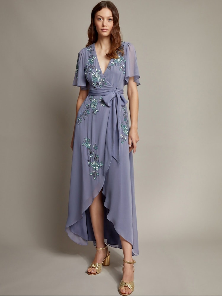 Monsoon Blue Sarah Floral Print Embellished Maxi Wrap Dress - Image 1 of 3