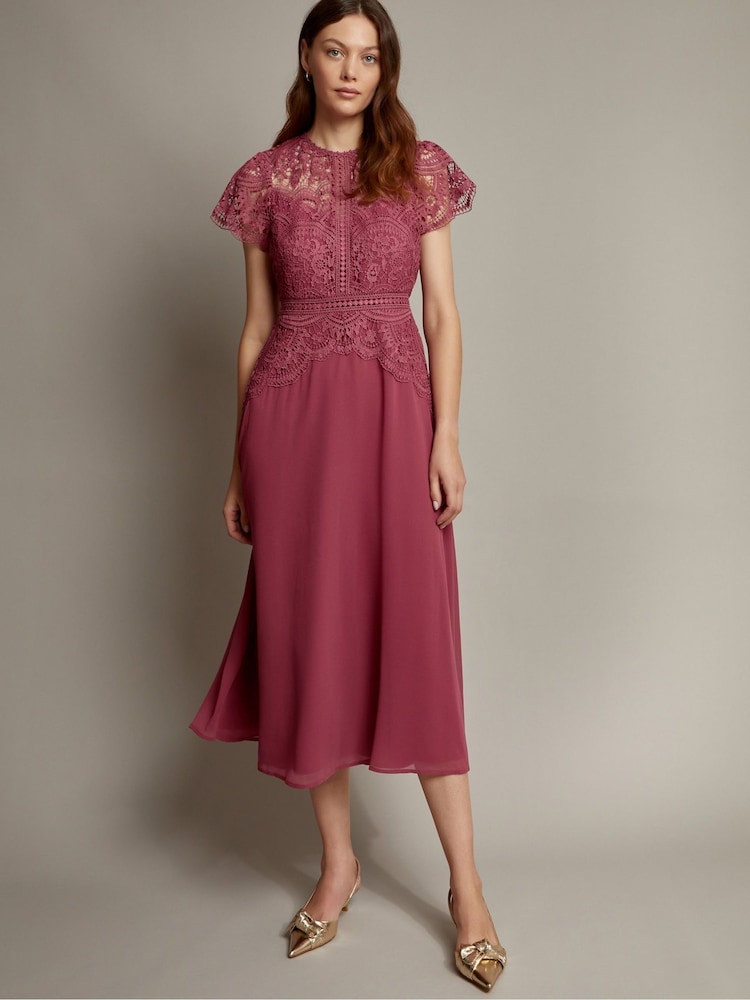 Monsoon Pink Monica Lace Midi Dress - Image 1 of 5