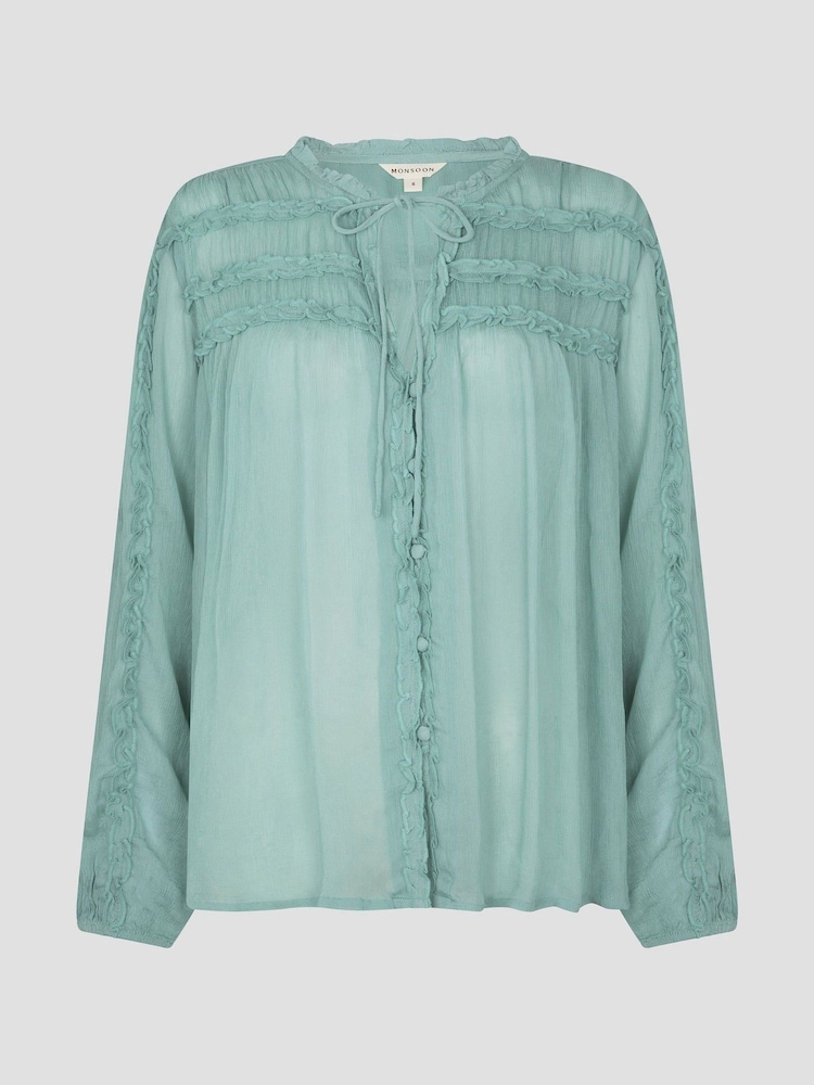 Monsoon Green Juliet Sheer Texture Ruffle Blouse - Image 5 of 5