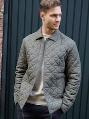 Threadbare Khaki Green Collared Quilted Jacket - Image 1 of 5
