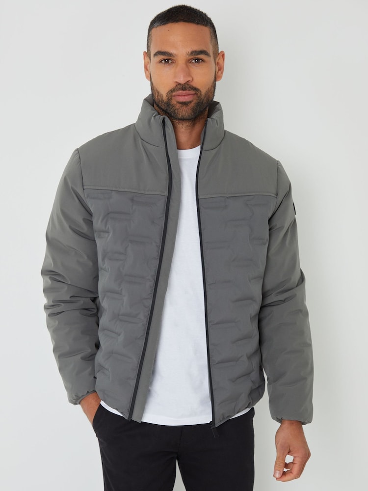 Threadbare Grey Quilted Panel Funnel Neck Jacket - Image 1 of 5