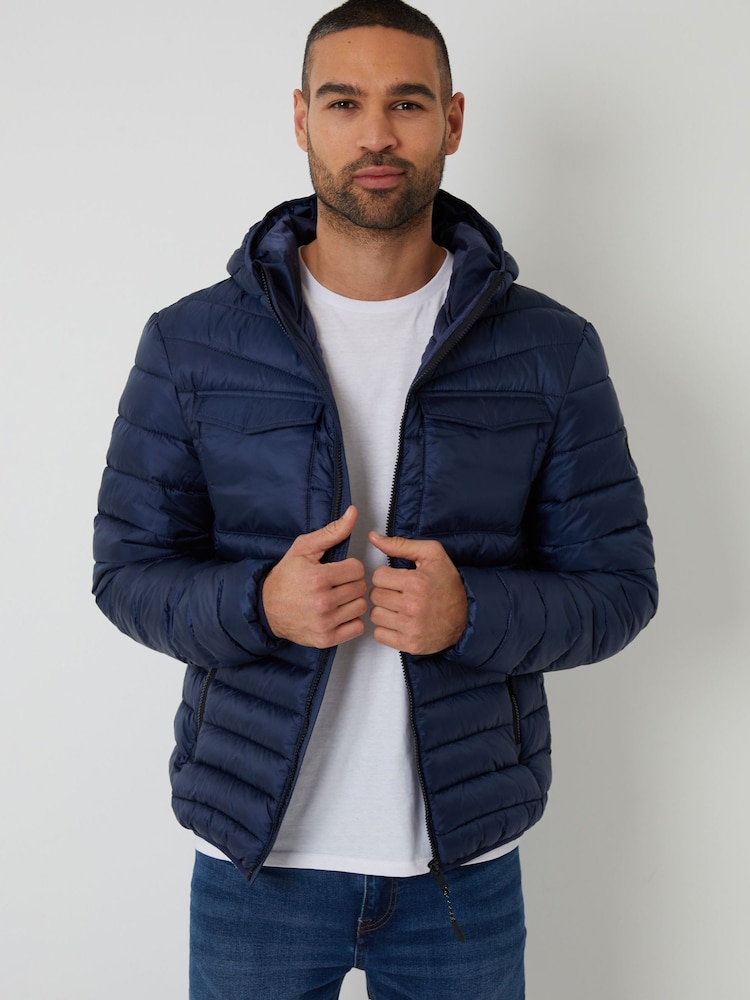 Threadbare Navy Hooded Puffer Jacket - Image 1 of 5