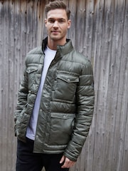 Threadbare Khaki Funnel Neck Utility Puffer Jacket - Image 1 of 5