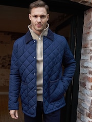 Threadbare Navy Diamond Quilted Collared Patch Pocket Jacket - Image 1 of 5