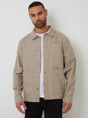 Threadbare Natural Button Up Lightweight Collared Utility Jacket - Image 1 of 4