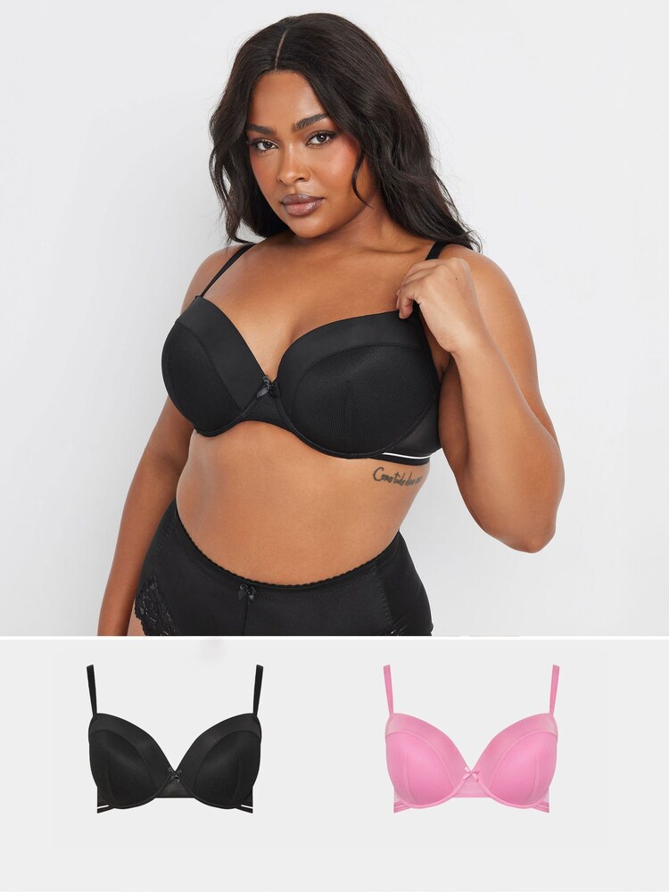 Yours Curve Pink Mesh Padded Plunge Bras 2 Pack - Image 1 of 9 Yours Curve Pink Mesh Padded Plunge Bras 2 Pack - Image 1 of 9