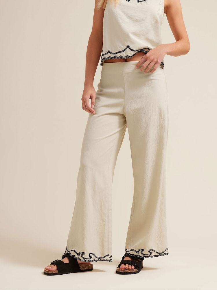 PixieGirl Petite Natural Embroidered Hem Wide Leg Trousers - Image 2 of 6