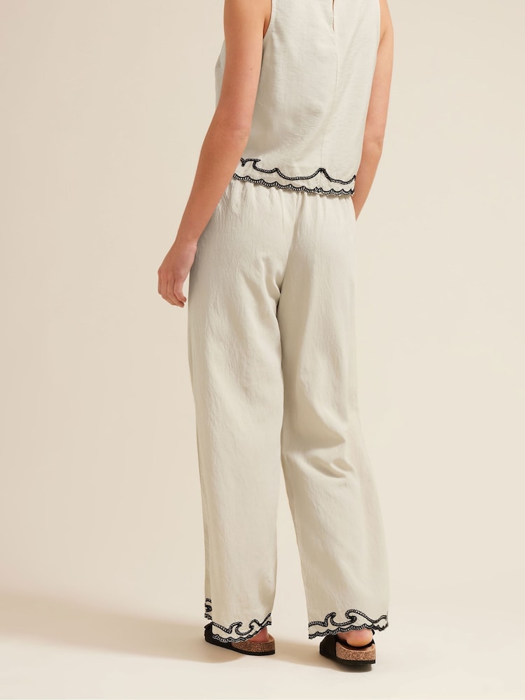 PixieGirl Petite Natural Embroidered Hem Wide Leg Trousers - Image 3 of 6