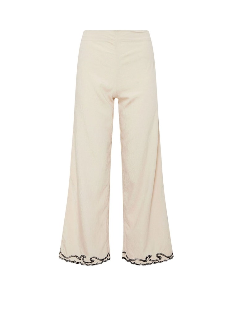 PixieGirl Petite Natural Embroidered Hem Wide Leg Trousers - Image 6 of 6