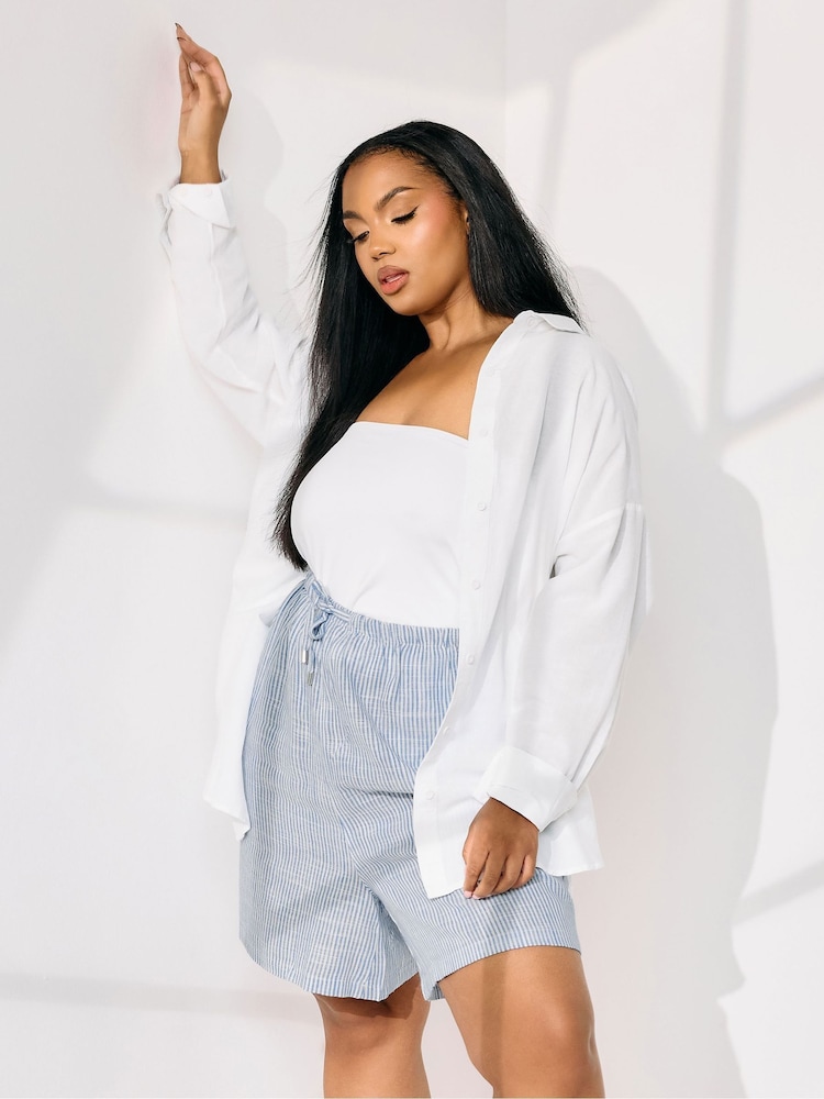 Yours Curve Blue Linen Stripe Shorts - Image 1 of 6