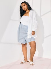 Yours Curve Blue Linen Stripe Shorts - Image 2 of 6