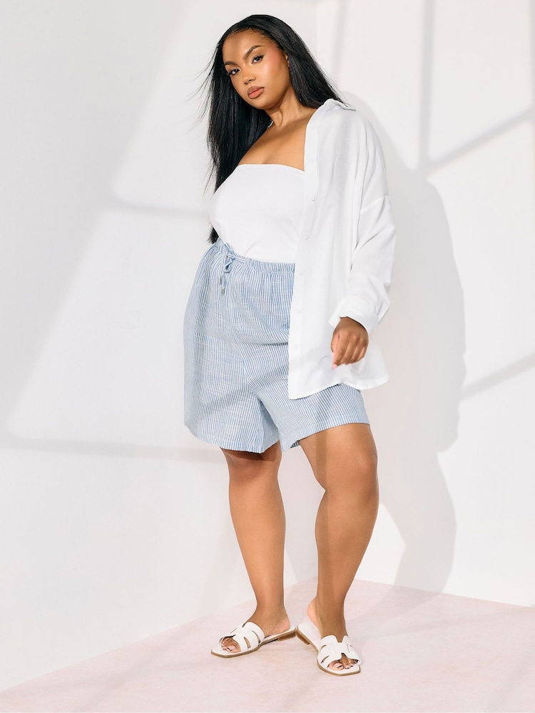 Yours Curve Blue Linen Stripe Shorts - Image 2 of 6