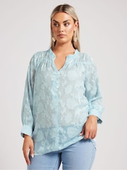 Yours Curve Blue London Jacquard Burn Out Blouse - Image 1 of 5