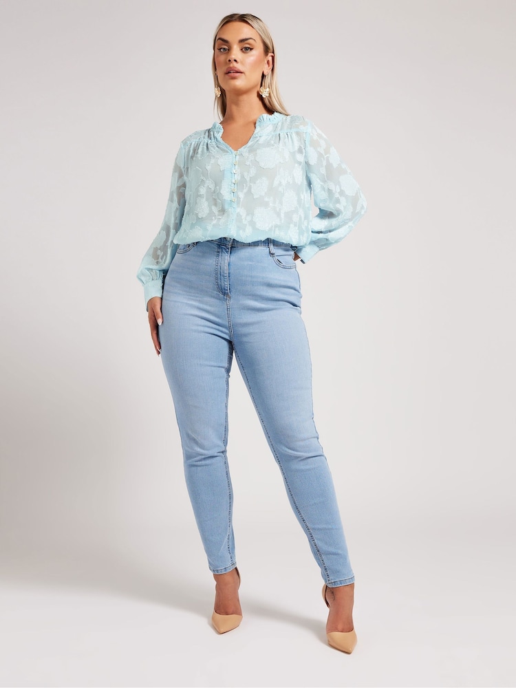 Yours Curve Blue London Jacquard Burn Out Blouse - Image 2 of 5