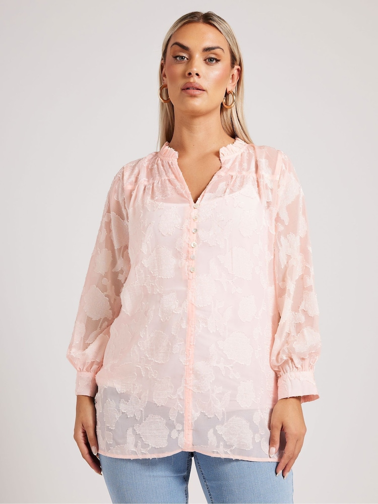 Yours Curve Pink London Jacquard Burn Out Blouse - Image 1 of 5