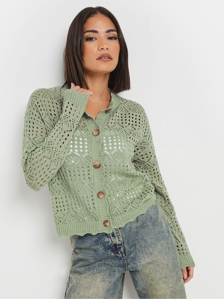 PixieGirl Petite Green Button Crochet Cardigan - Image 1 of 6