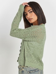 PixieGirl Petite Green Button Crochet Cardigan - Image 3 of 6