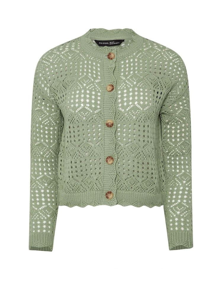 PixieGirl Petite Green Button Crochet Cardigan - Image 6 of 6