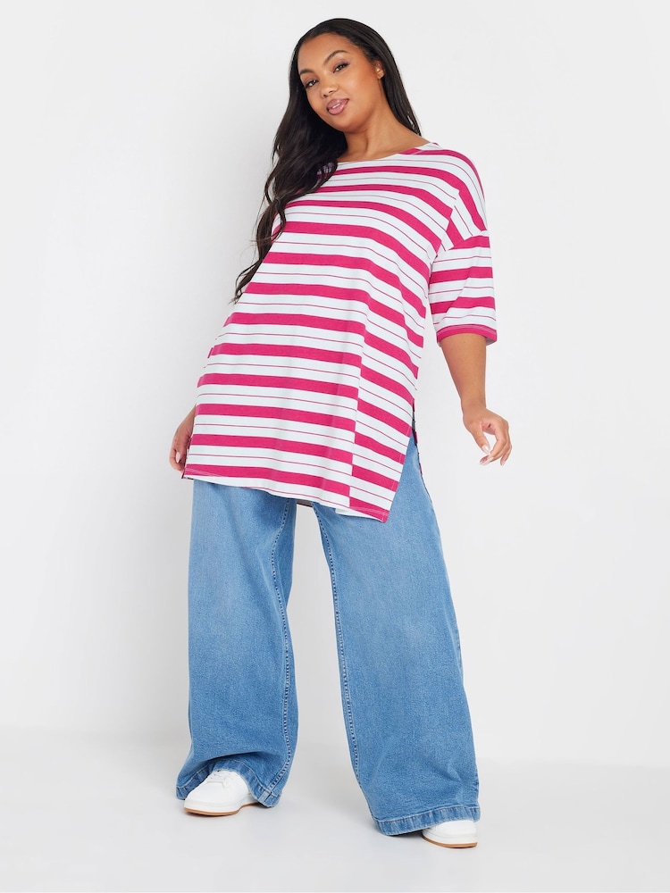 Yours Curve Pink Striped Slit Hem Top - Image 2 of 5 Yours Curve Pink Striped Slit Hem Top - Image 2 of 5