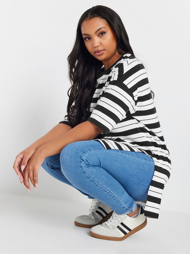 Yours Curve Black Striped Slit Hem Top - Image 1 of 5