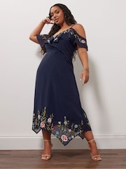Yours Curve Blue London Embroidered Cold Shoulder Dress - Image 1 of 5