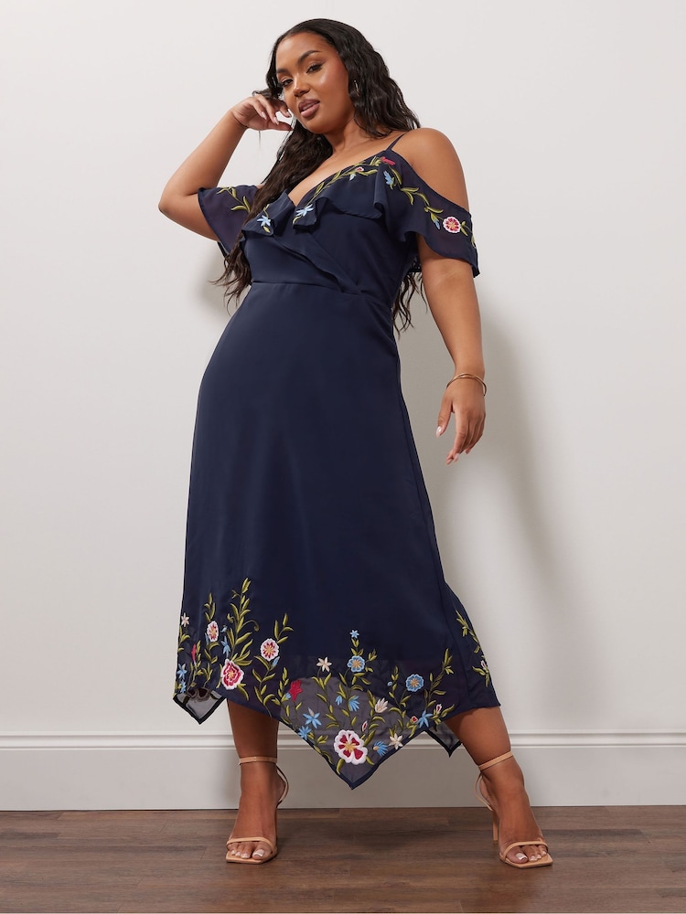 Yours Curve Blue London Embroidered Cold Shoulder Dress - Image 1 of 5