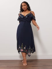 Yours Curve Blue London Embroidered Cold Shoulder Dress - Image 2 of 5