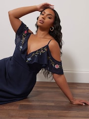 Yours Curve Blue London Embroidered Cold Shoulder Dress - Image 4 of 5