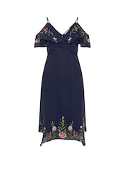Yours Curve Blue London Embroidered Cold Shoulder Dress - Image 5 of 5