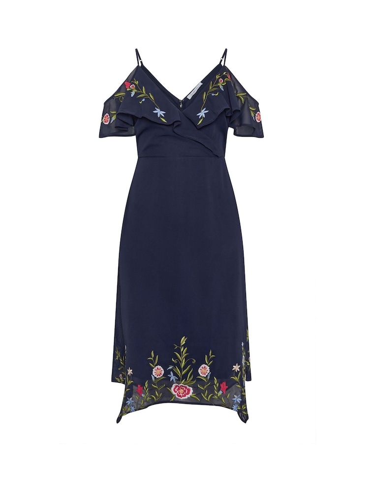 Yours Curve Blue London Embroidered Cold Shoulder Dress - Image 5 of 5
