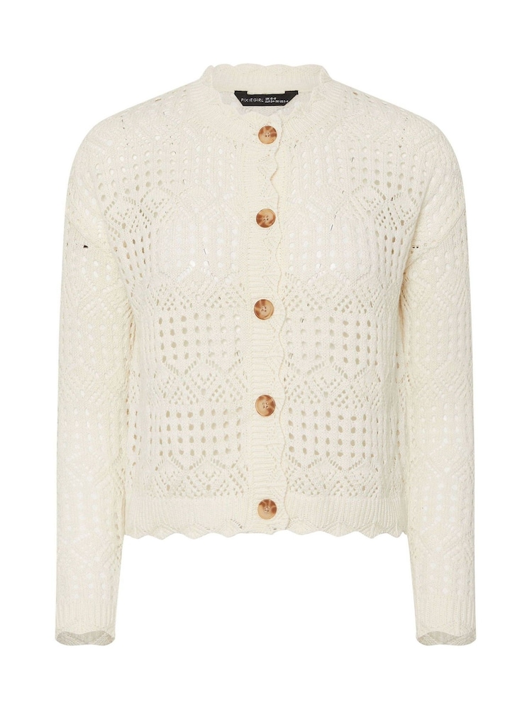 PixieGirl Petite Natural Button Crochet Cardigan - Image 9 of 9