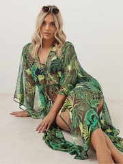 Yours Curve Black Denim Chiffon Maxi Kimono - Image 1 of 6