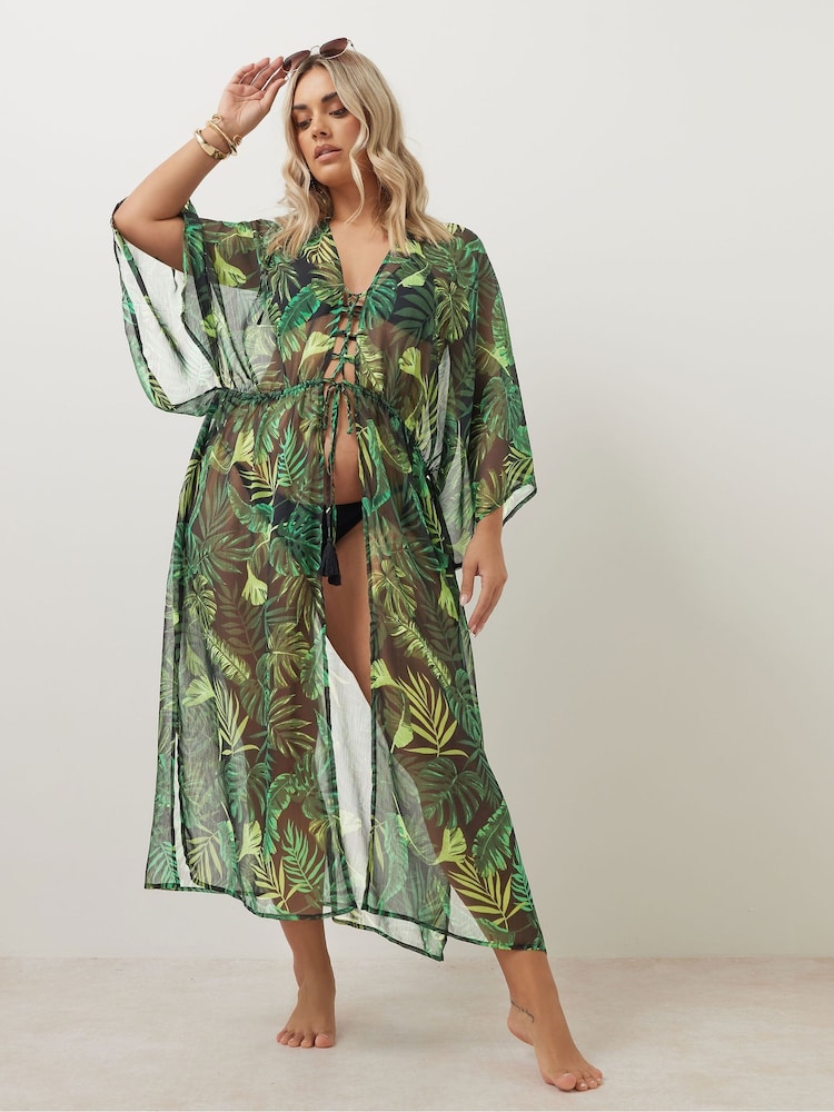 Yours Curve Black Denim Chiffon Maxi Kimono - Image 2 of 6