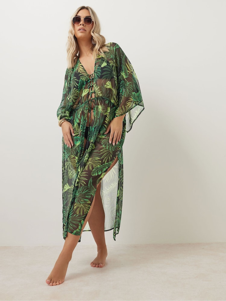 Yours Curve Black Denim Chiffon Maxi Kimono - Image 3 of 6