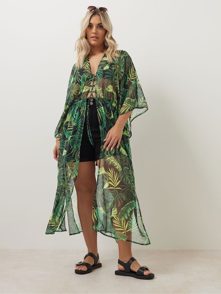 Yours Curve Black Denim Chiffon Maxi Kimono - Image 4 of 6