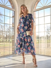 Yours Curve Blue London Metallic Marking Wrap Dress - Image 1 of 6