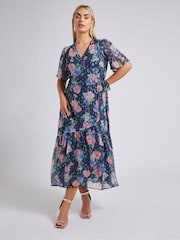 Yours Curve Blue London Metallic Marking Wrap Dress - Image 5 of 6