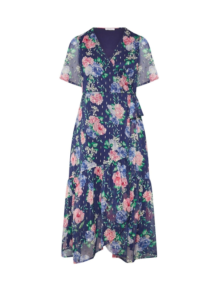 Yours Curve Blue London Metallic Marking Wrap Dress - Image 6 of 6