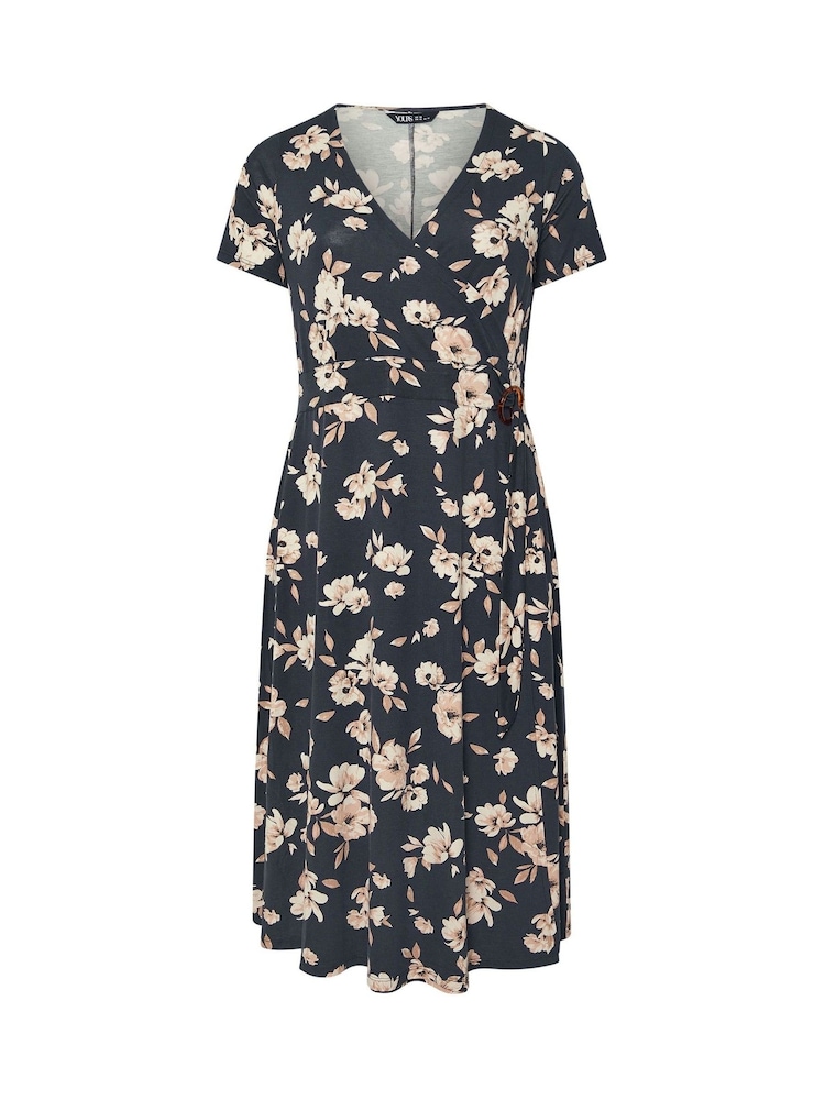 Yours Curve Blue Floral Midi Buckle Dress - Image 5 of 5