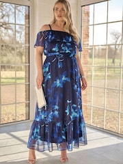 Yours Curve Blue London Ruffle Maxi Dress - Image 1 of 6
